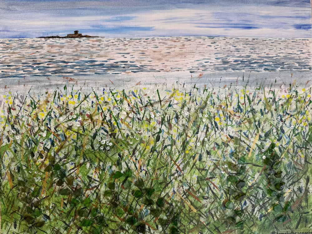 Coastal artwork showing sea glass grasses and a west coast view across sand dunes with Rocco Tower in the distance, on a 51x40cm canvas.
